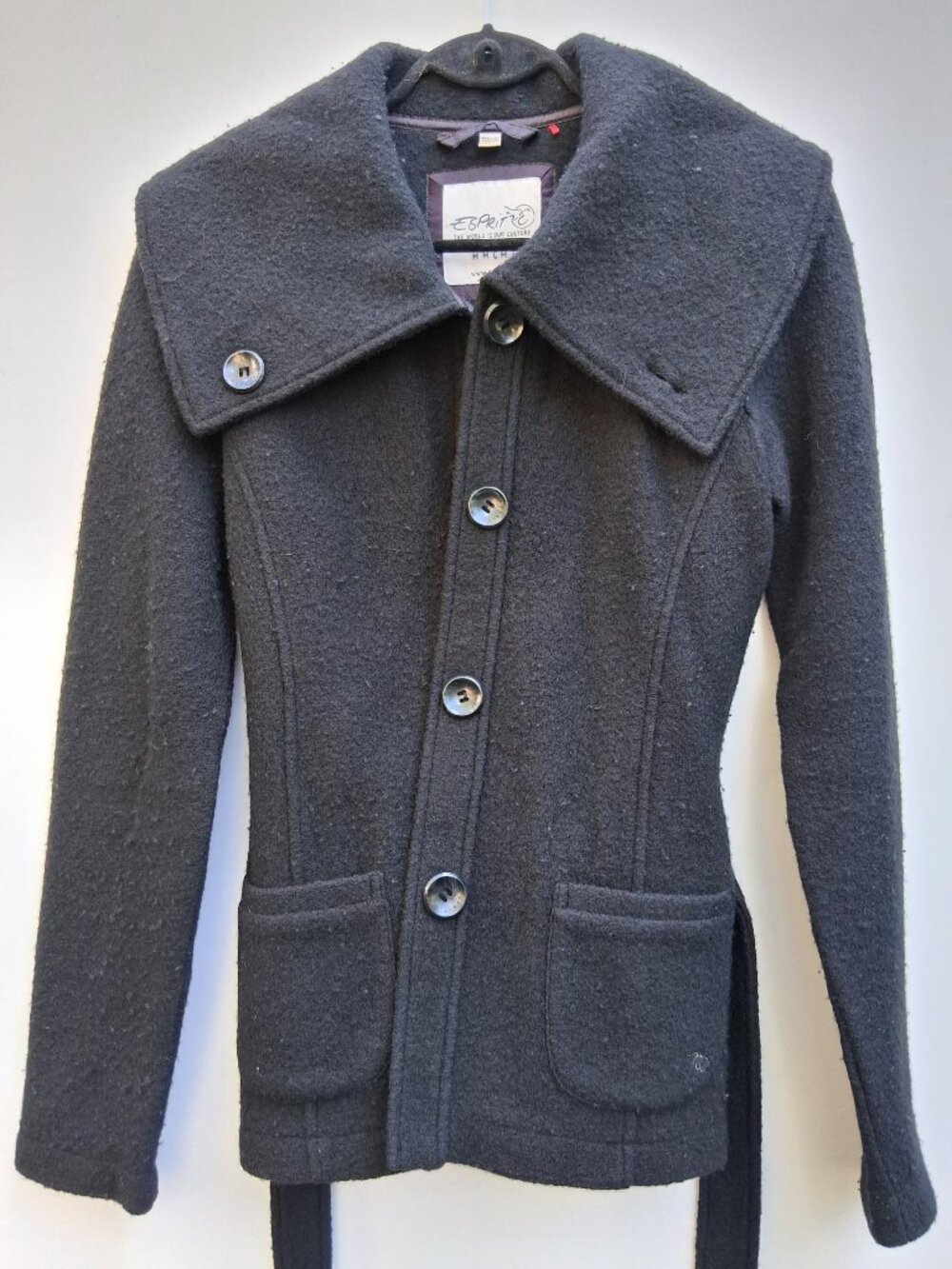 Vintage Esprit women's button-down belted wool cardigan, black (size L)